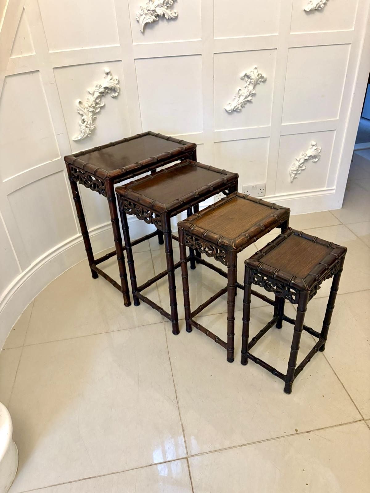 1550.0 Antique 19th Century Carved Faux Bamboo Freestanding Nest Of Tables photo