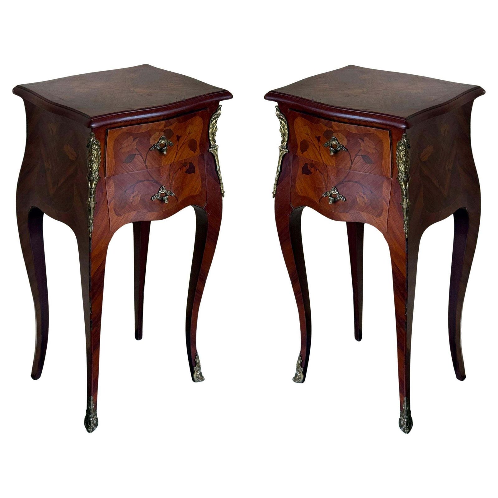 Antique French Louis XV Marquetry Nightstands With Drawers, Set Of 2