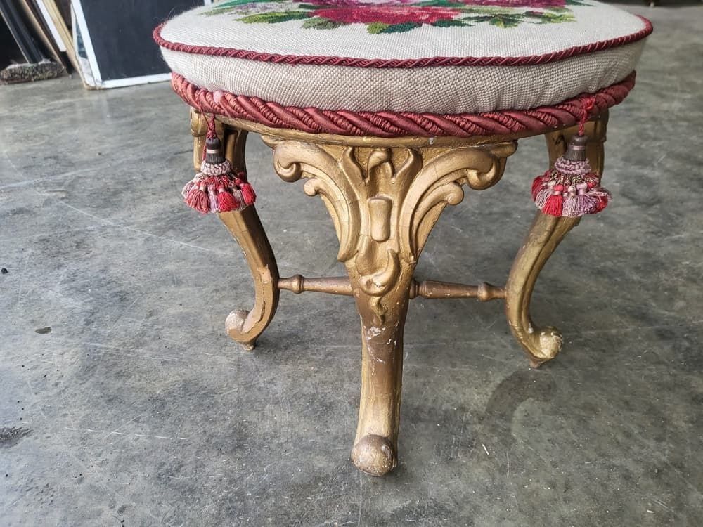 Antique Victorian Round Gilt Cabriole Legs Tapestry Stool Seat photo vinterior