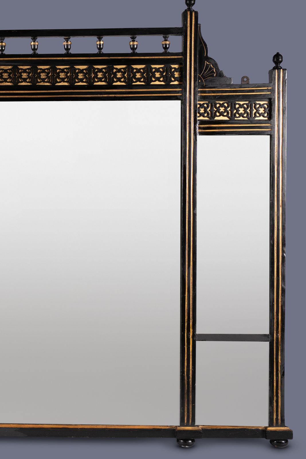 Large Wide 19th Century Victorian English Ebonised And Parcel Gilt Overmantle Mirror photo for sale