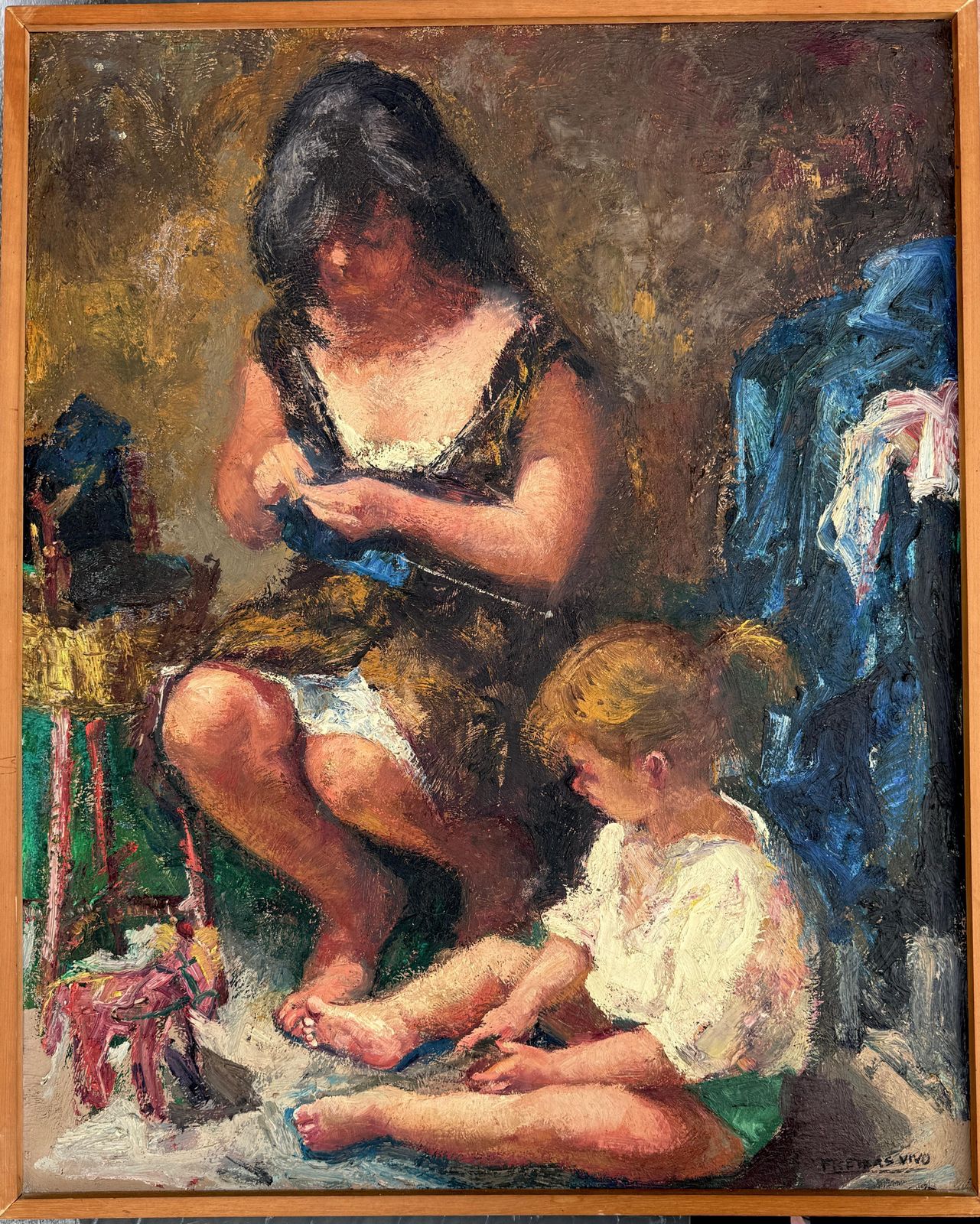 Amadeo Freixas Vivó – Moeder En Dochter – Olieverf Op Doek, Ca. 1960 photo furniture
