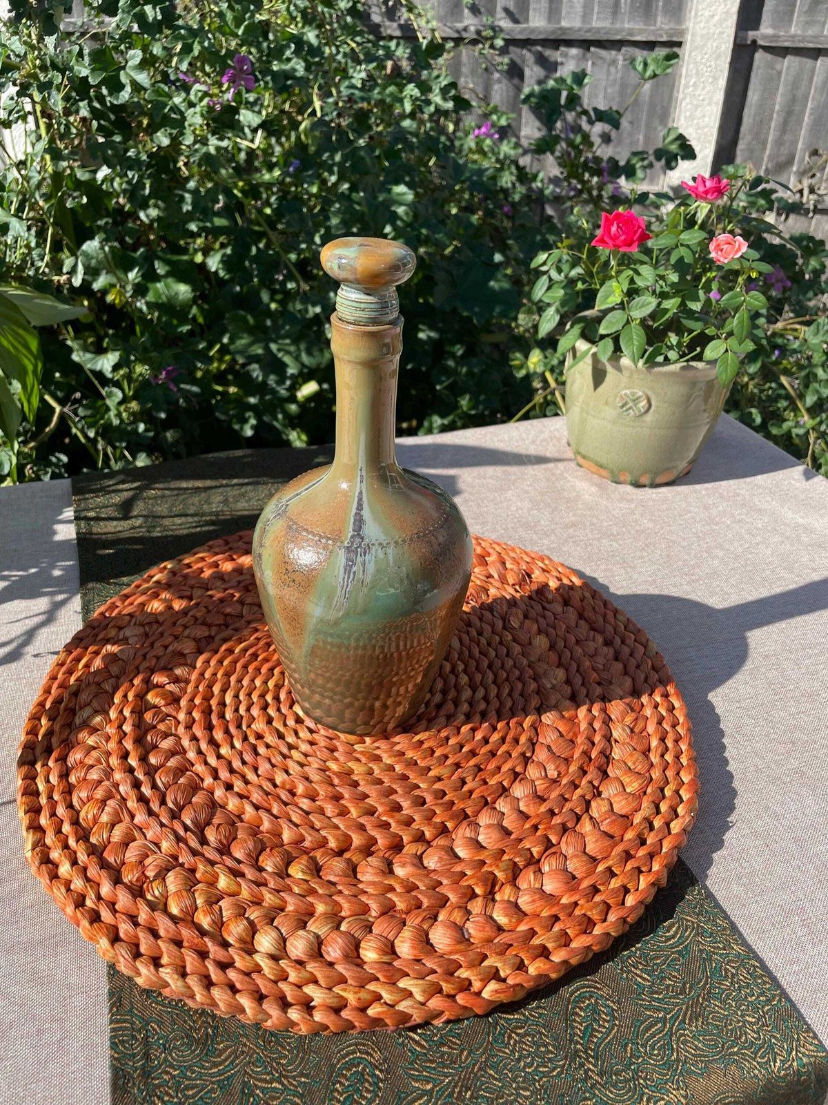 Ceramic Bottle   Port Wine   Green Brown Glaze   French   Les Vernes