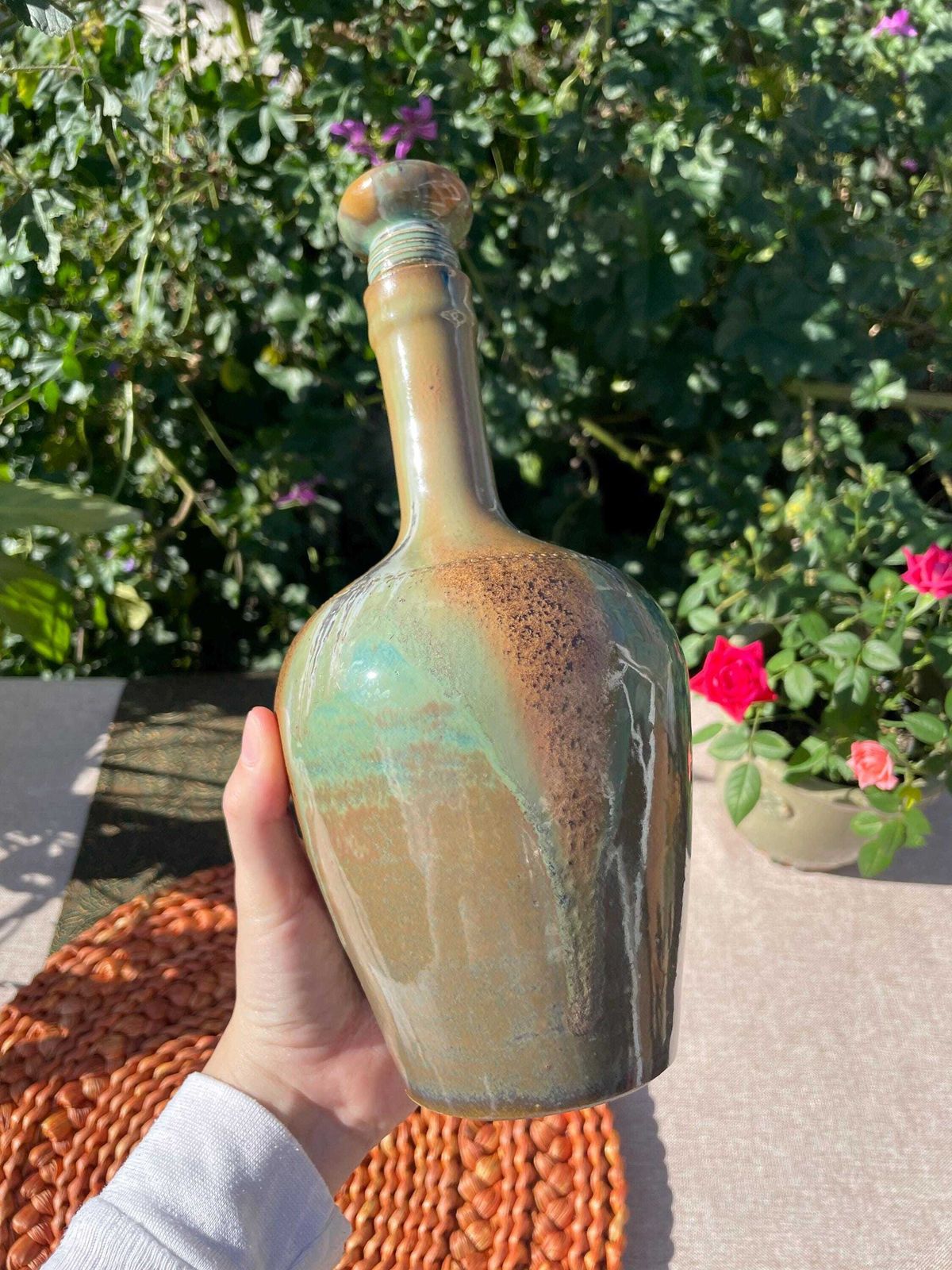 Ceramic Bottle   Port Wine   Green Brown Glaze   French   Les Vernes photo vintage