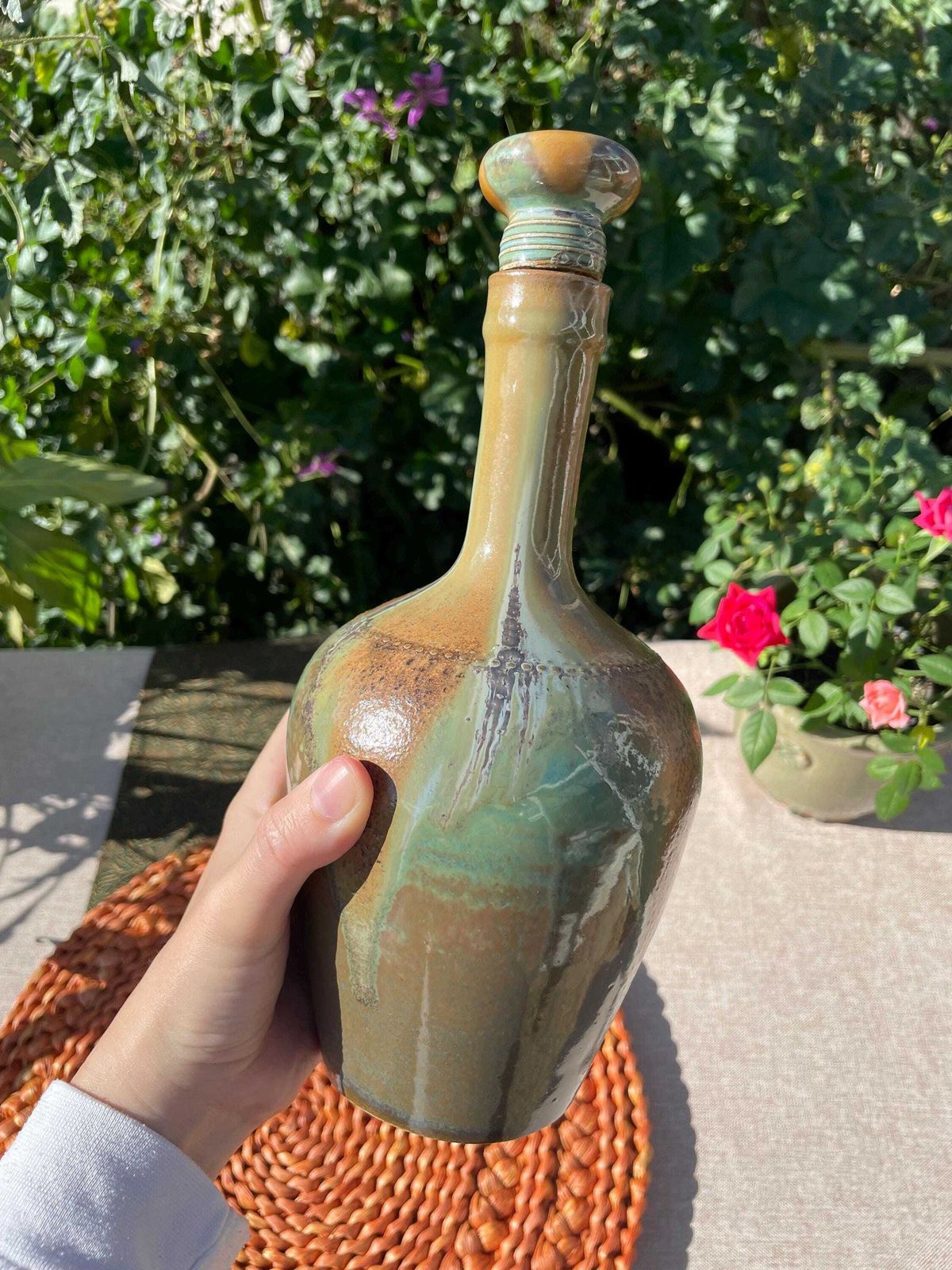photo furniture Ceramic Bottle   Port Wine   Green Brown Glaze   French   Les Vernes