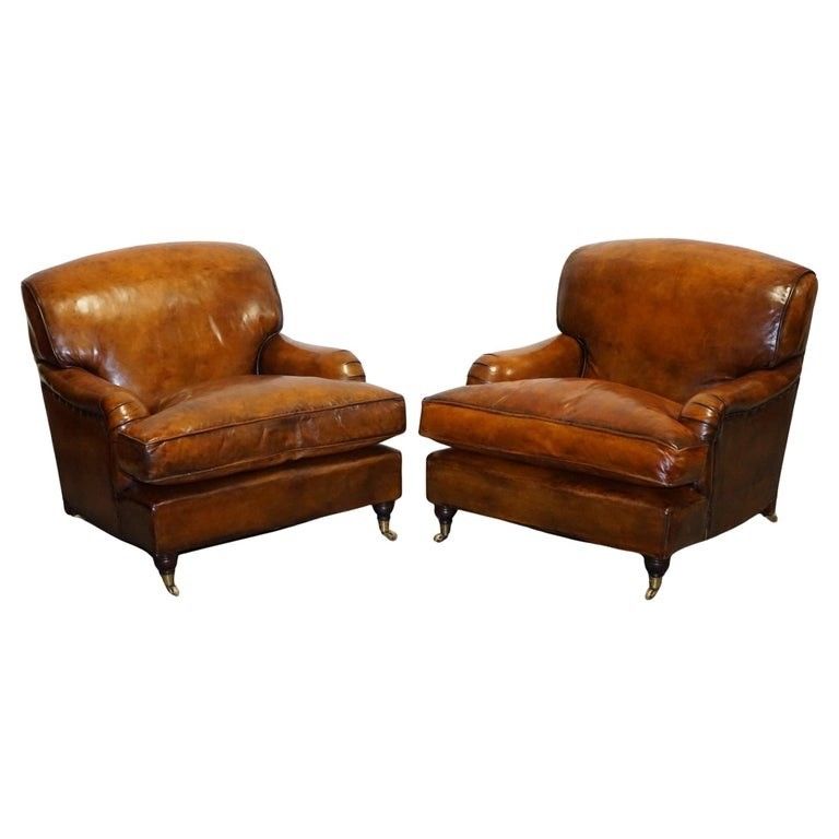Large Pair Howard Style Hand Dyed Leather Armchairs Feather Filled Cushions