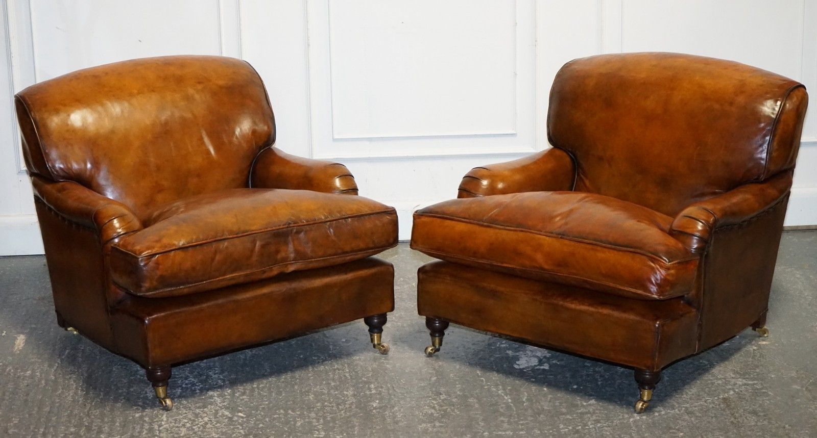 Large Pair Howard Style Hand Dyed Leather Armchairs Feather Filled Cushions photo furniture