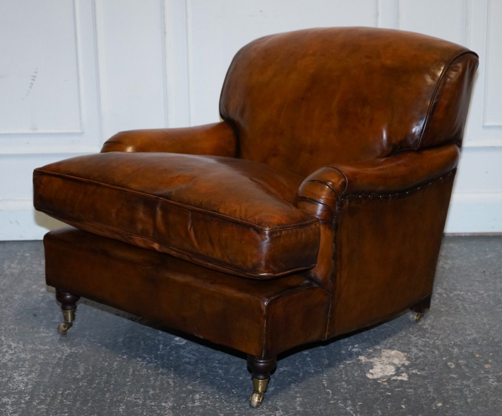 Large Pair Howard Style Hand Dyed Leather Armchairs Feather Filled Cushions photo vinterior