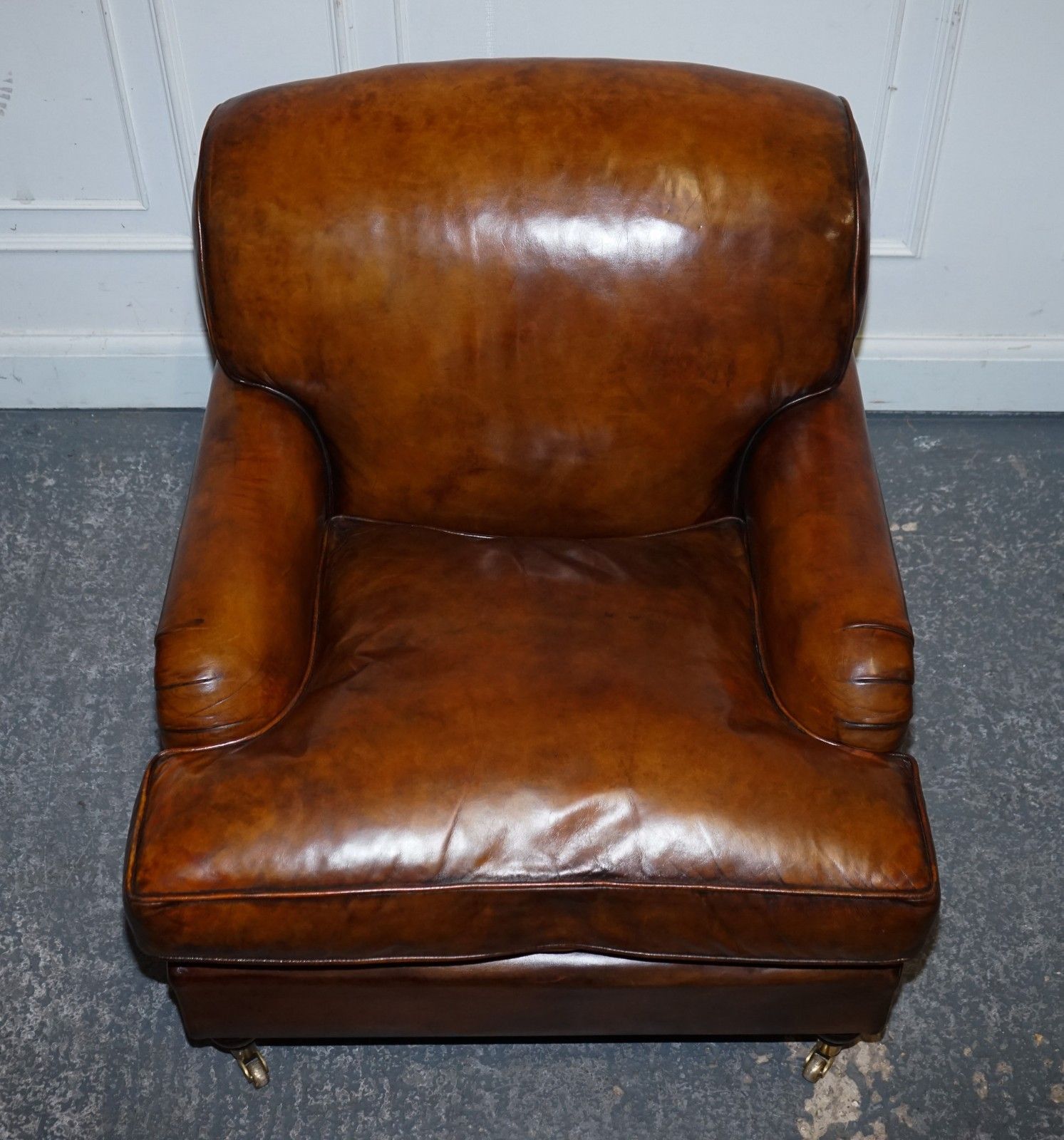 Furniture Large Pair Howard Style Hand Dyed Leather Armchairs Feather Filled Cushions photo