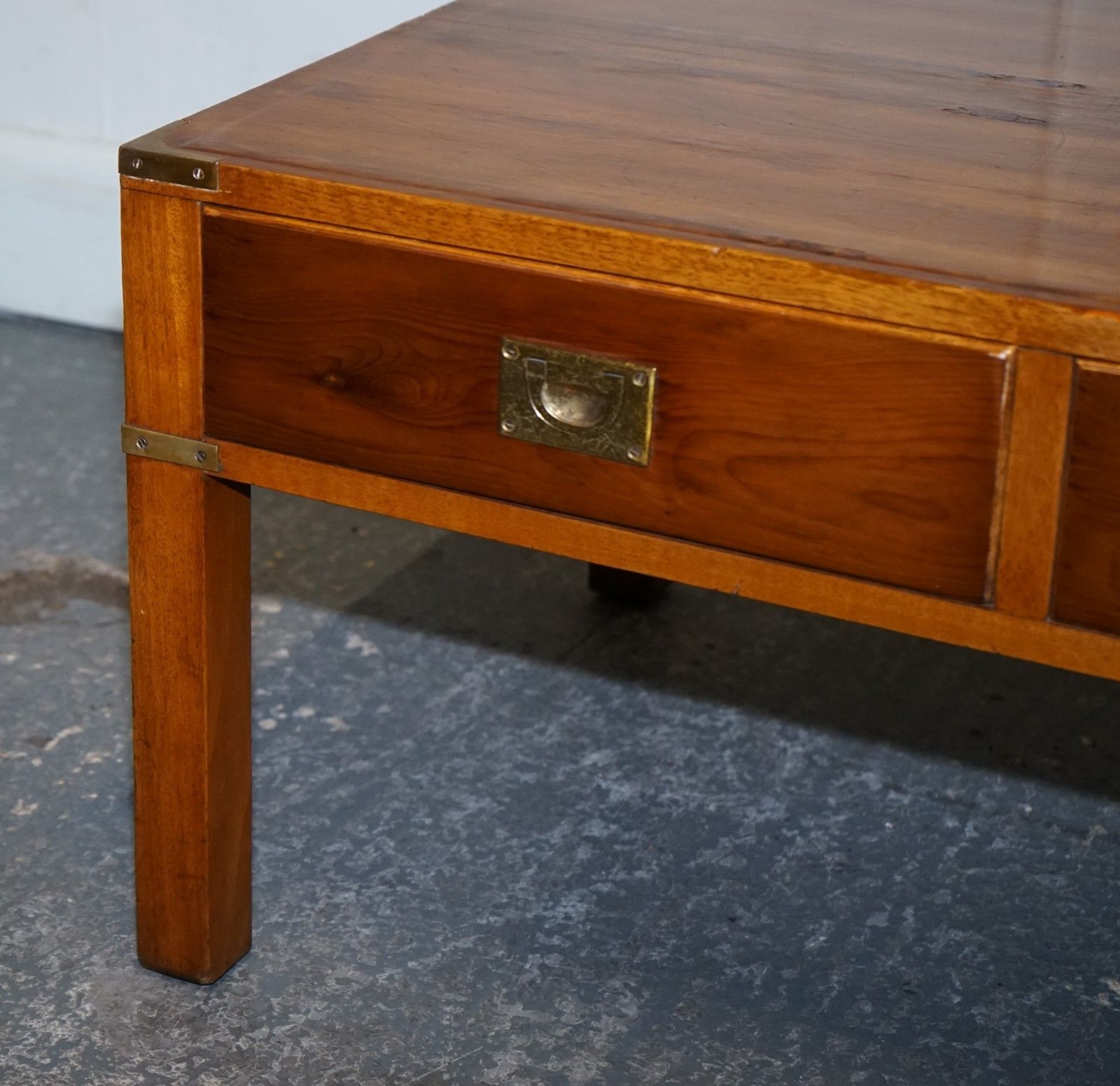 Vintage Yew Wood Brass Military Campaign 3 Drawer Coffee Table photo buy