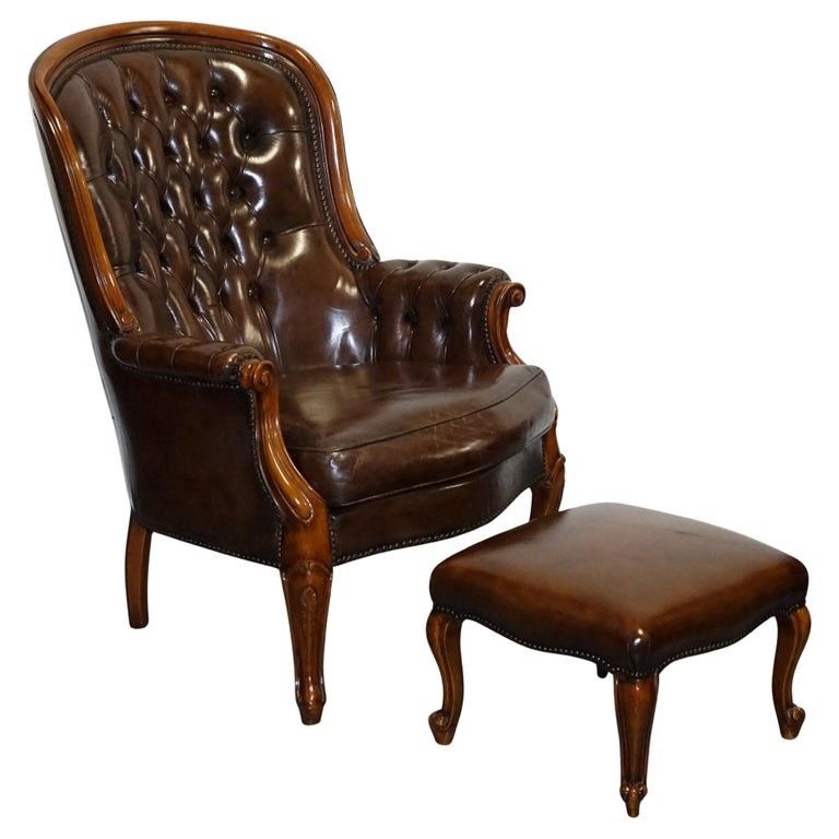 Antique Show Framed Victorian Chesterfield Dyed Leather Armchair & Footstool