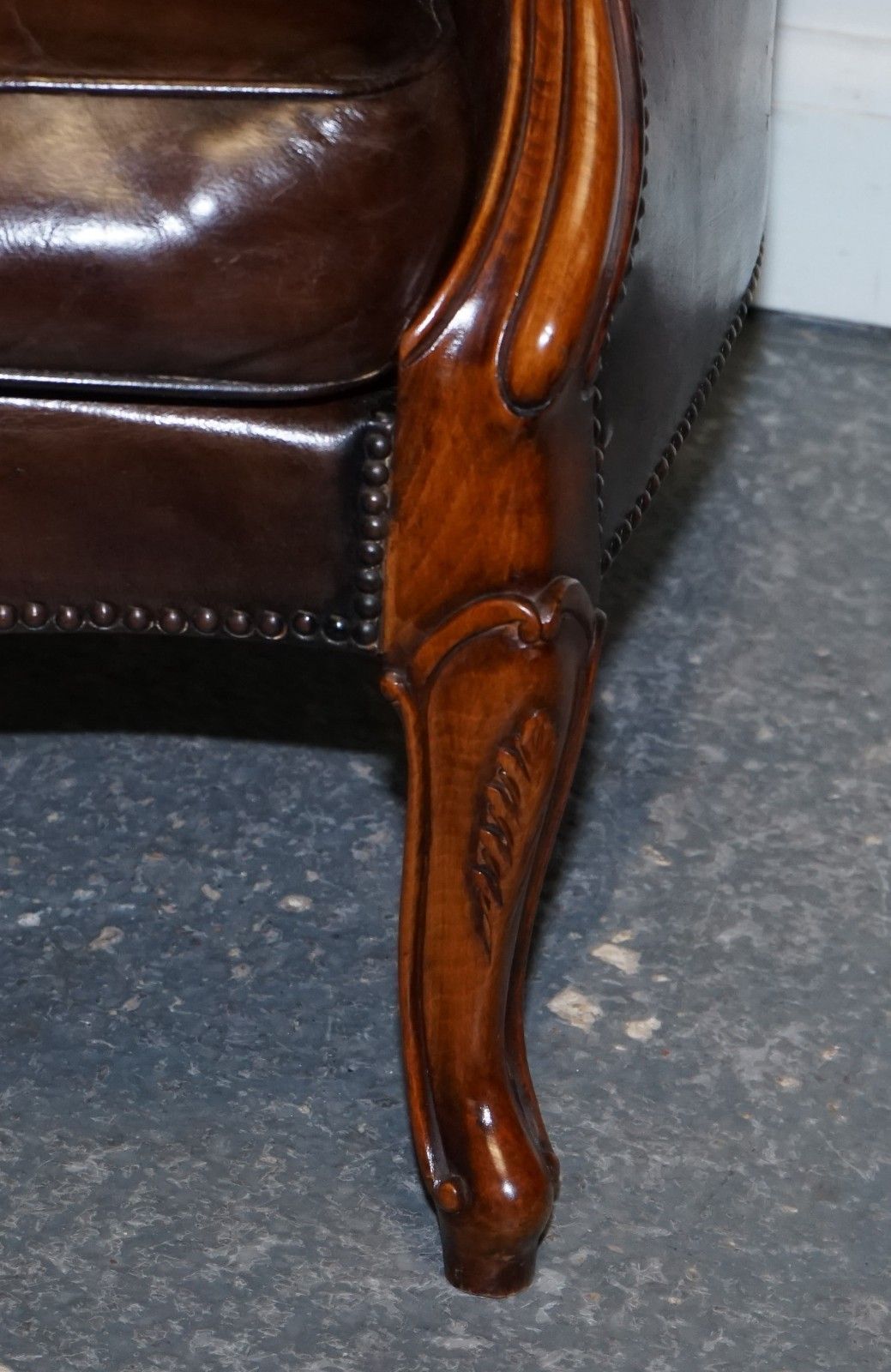 photo furniture Antique Show Framed Victorian Chesterfield Dyed Leather Armchair & Footstool