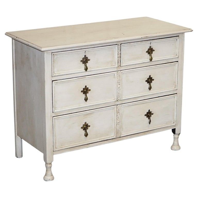 Antique Victorian Hand Painted Ivory White Chest Of Drawers With Brass Handles