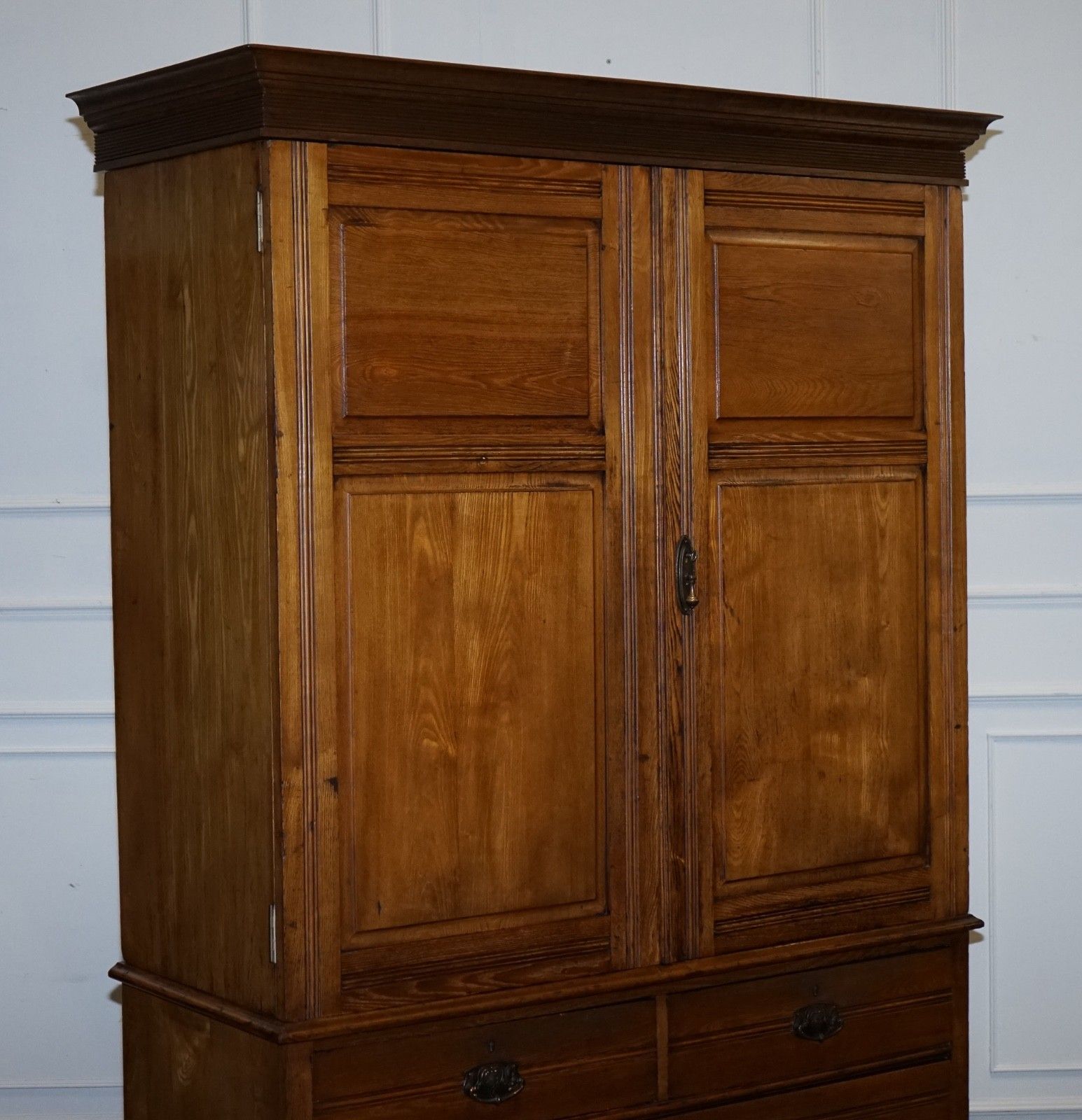 Antique Victorian English Oak Linen Press Wardrobe With Four Drawers photo for sale