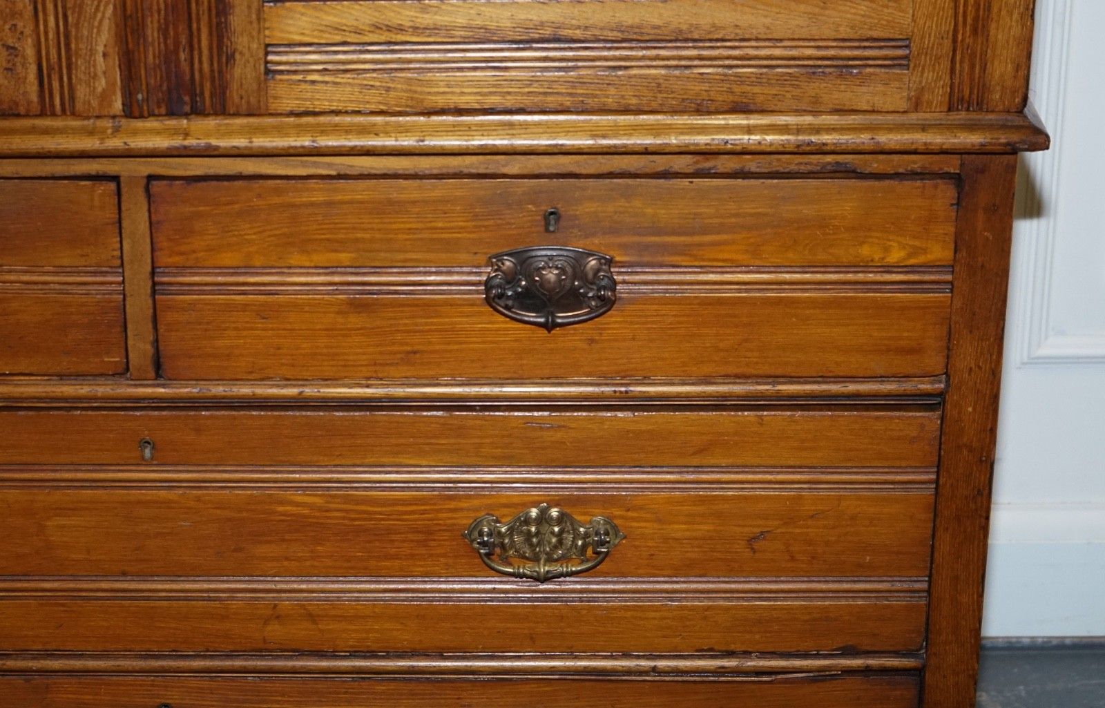 Antique Victorian English Oak Linen Press Wardrobe With Four Drawers photo vintage