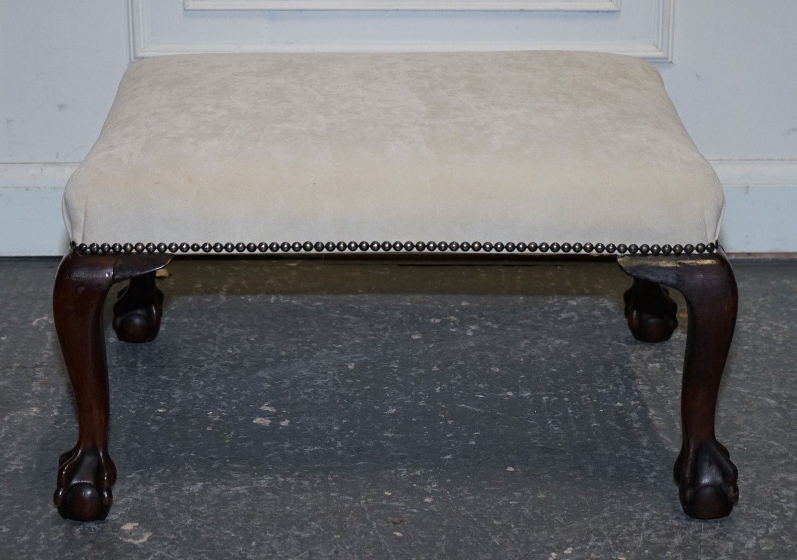 Antique Early Victorian Claw And Ball Feet Footstool With White Suede Top photo for sale