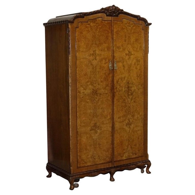 Victorian Queen Anne English Art Deco Burr Walnut Two Door Wardrobe