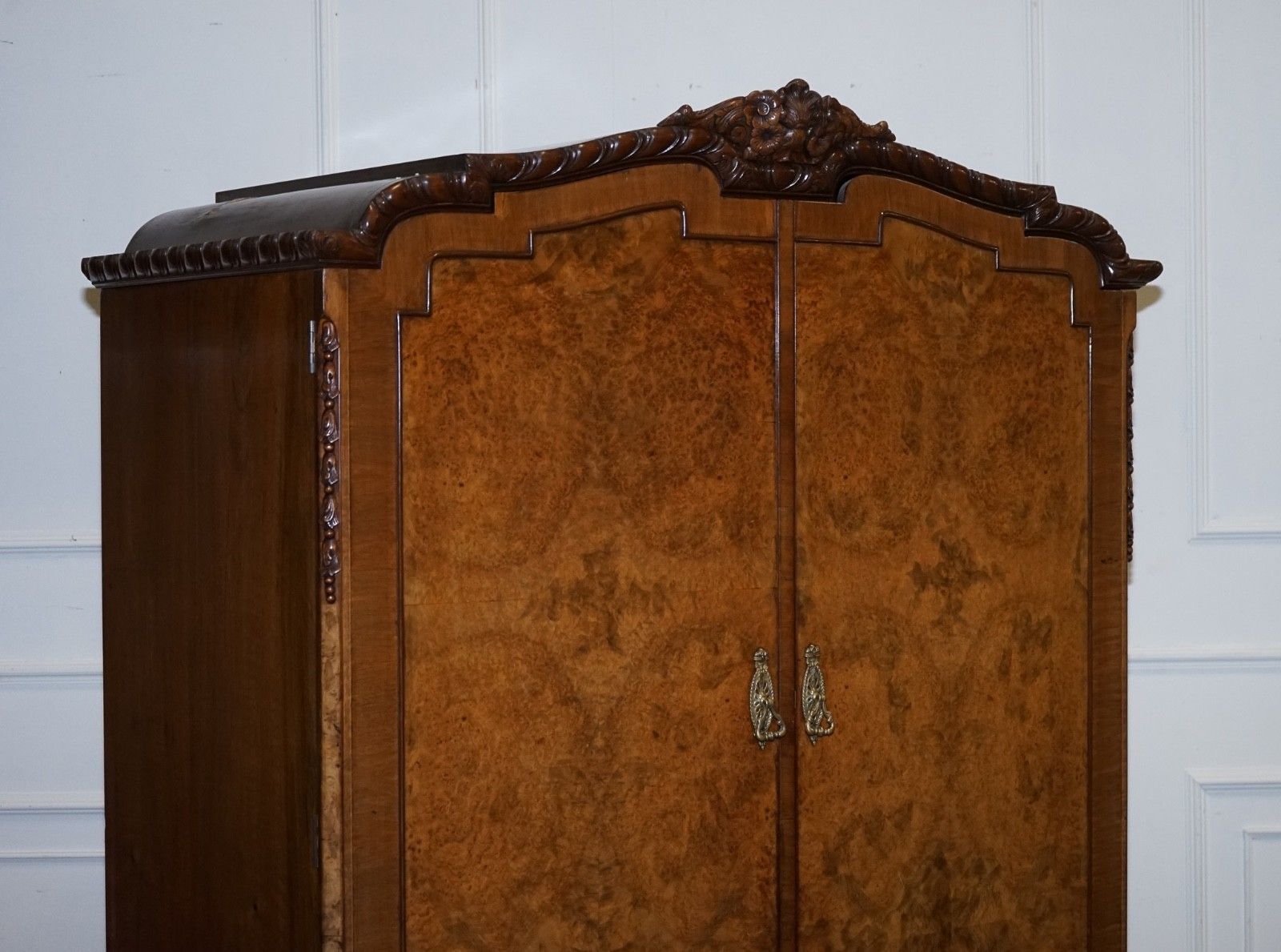 Victorian Queen Anne English Art Deco Burr Walnut Two Door Wardrobe photo for sale