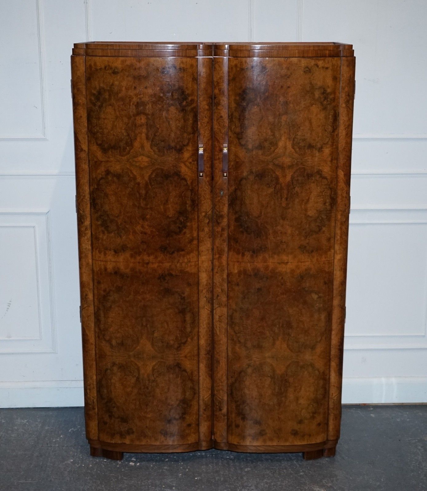Antique Circa 1930's English Burr Walnut Art Deco Two Door Wardrobe photo for sale