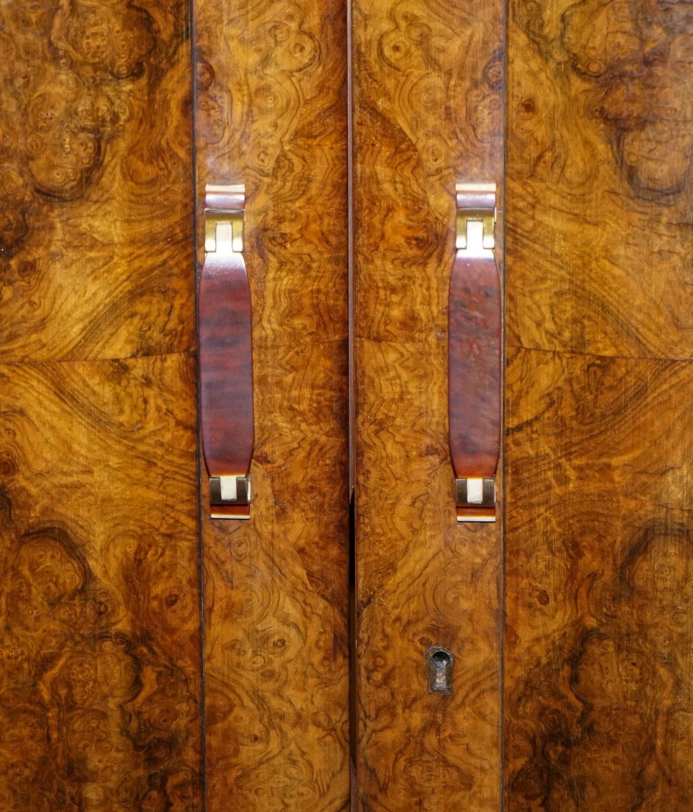 Antique Circa 1930's English Burr Walnut Art Deco Two Door Wardrobe photo vintage