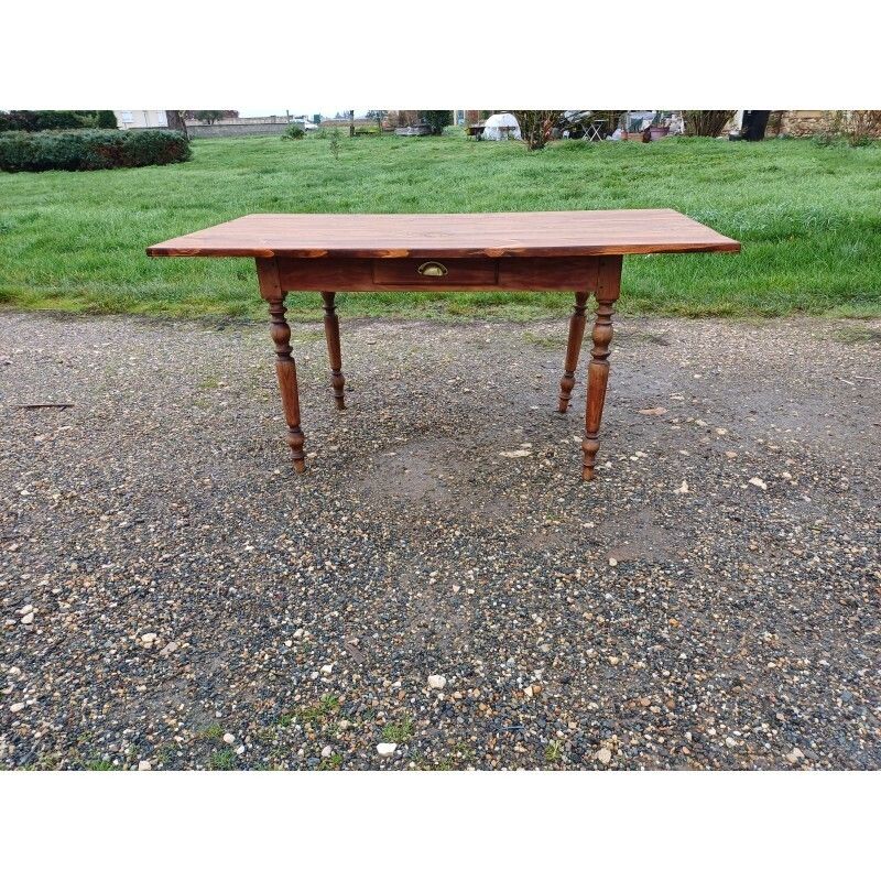 Country Farmhouse Table In Pine And Walnut, 1 Drawer