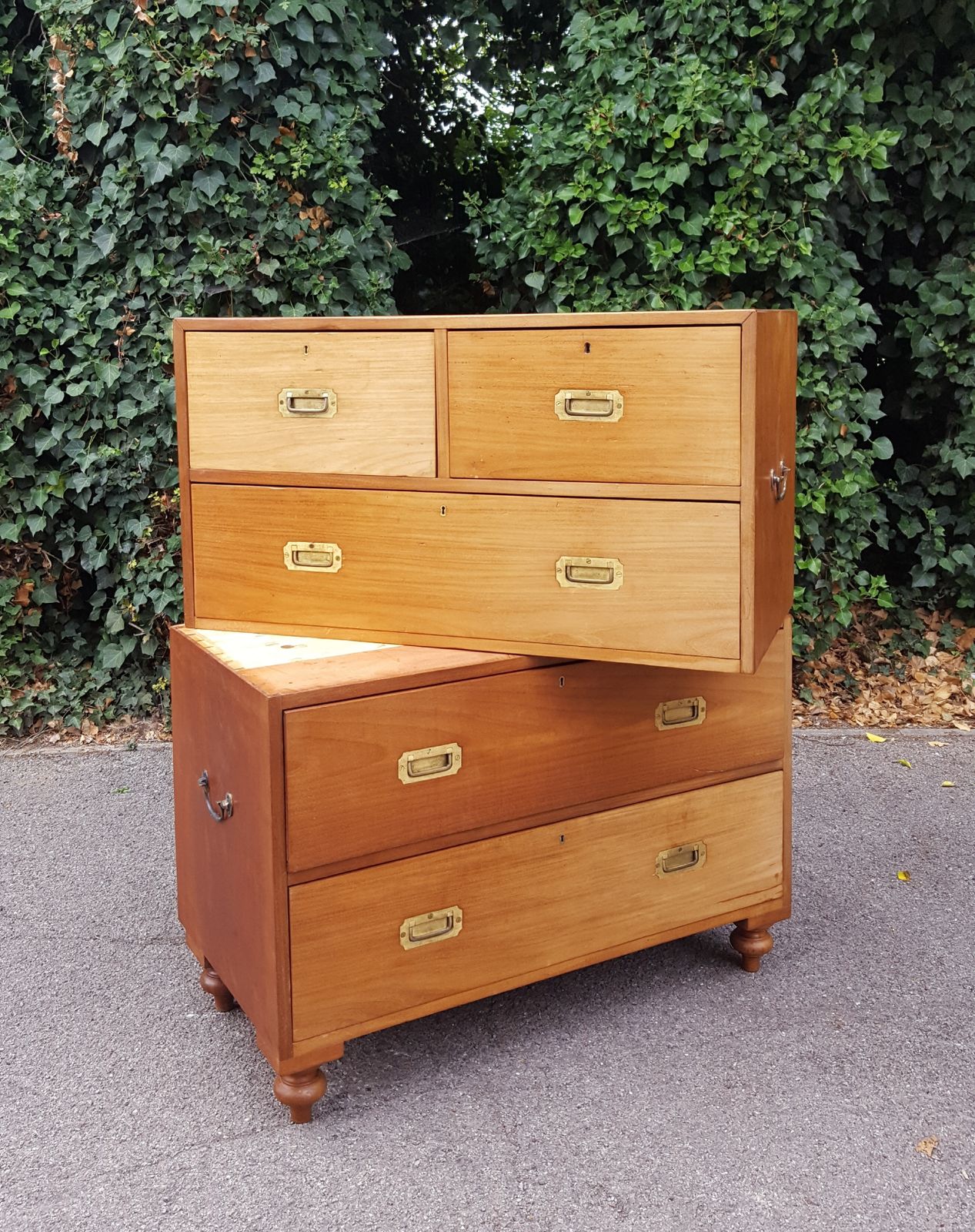Antique Military Campaign Teak Chest Of 5 Drawers photo vintage