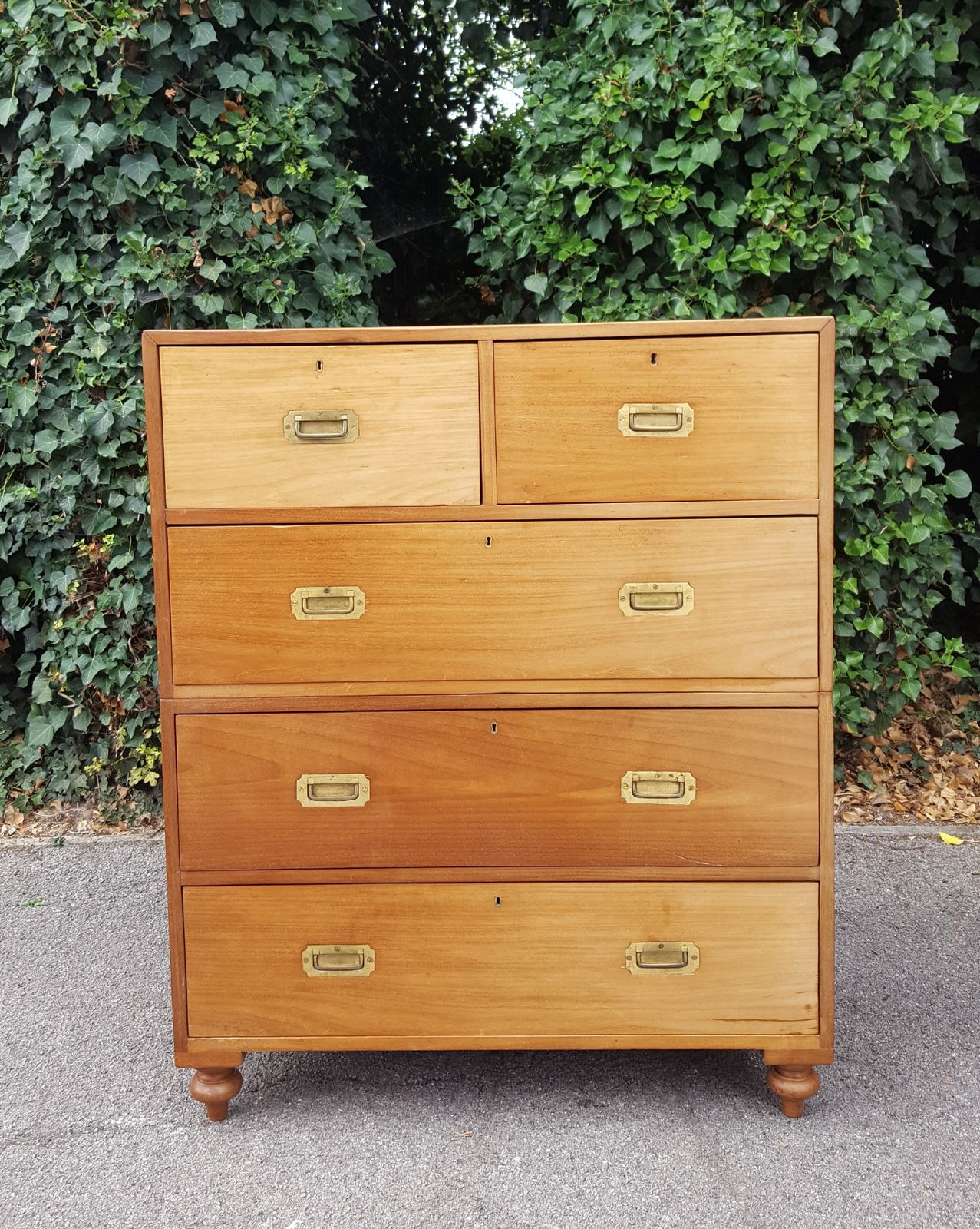 Furniture Antique Military Campaign Teak Chest Of 5 Drawers photo