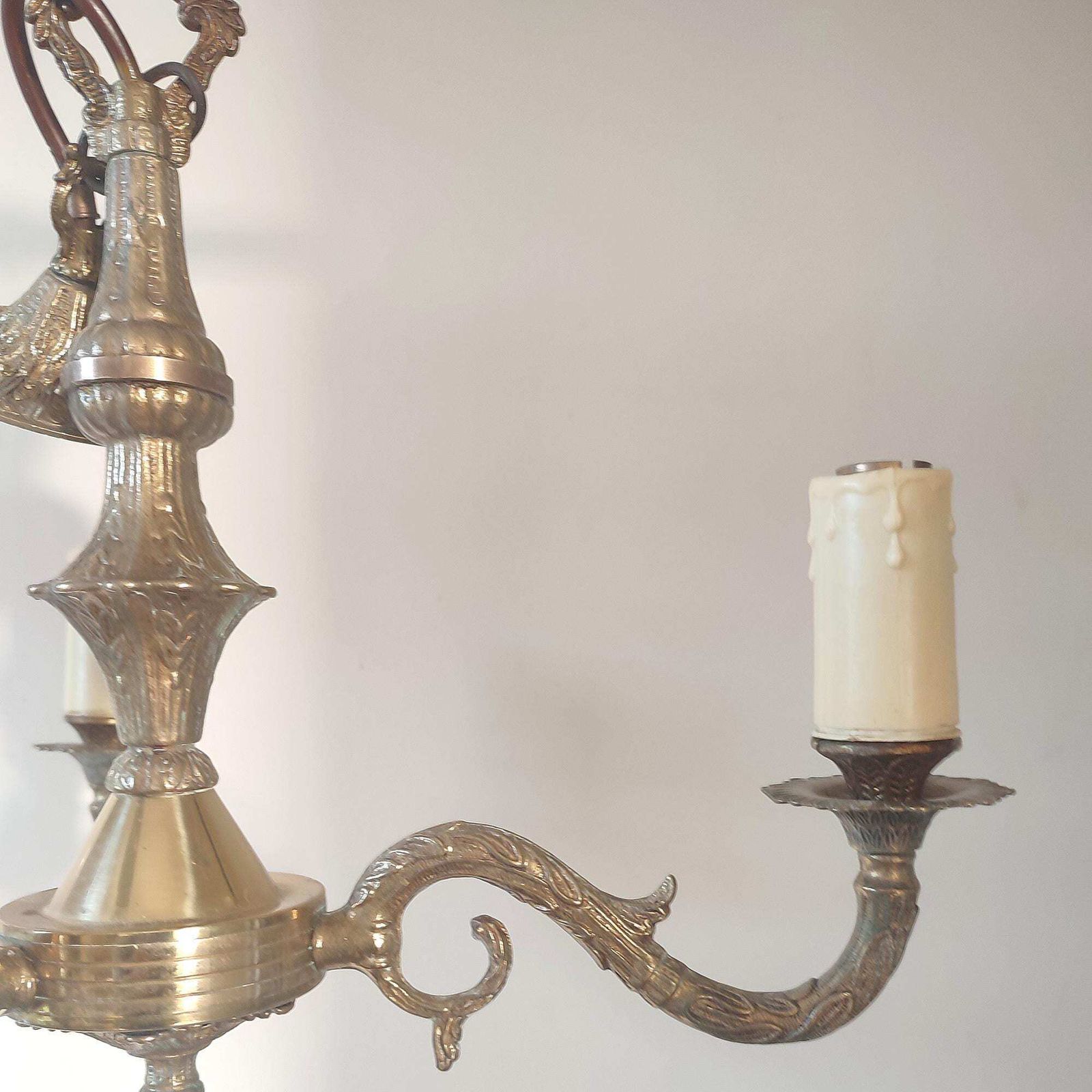 Antique Brass Three Arm Chandelier – Ornate Rococo Revival Ceiling Light (C.1900) photo Lighting
