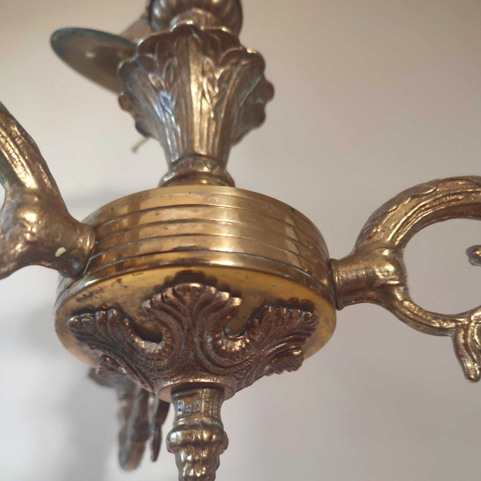 photo furniture Antique Brass Three Arm Chandelier – Ornate Rococo Revival Ceiling Light (C.1900)