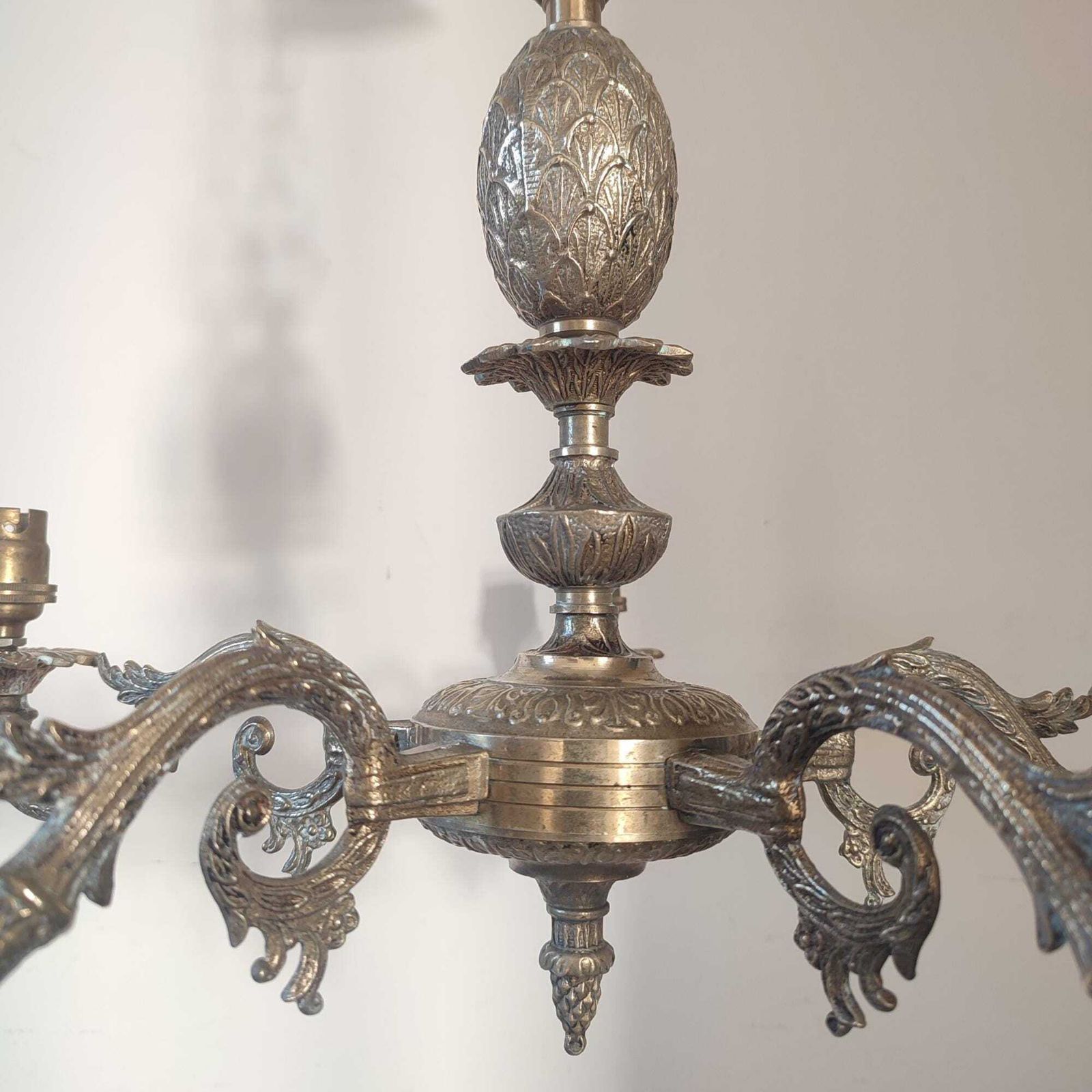 Antique Brass Five Arm Chandelier – Ornate Rococo Revival Ceiling Light (C.1900) photo Lighting