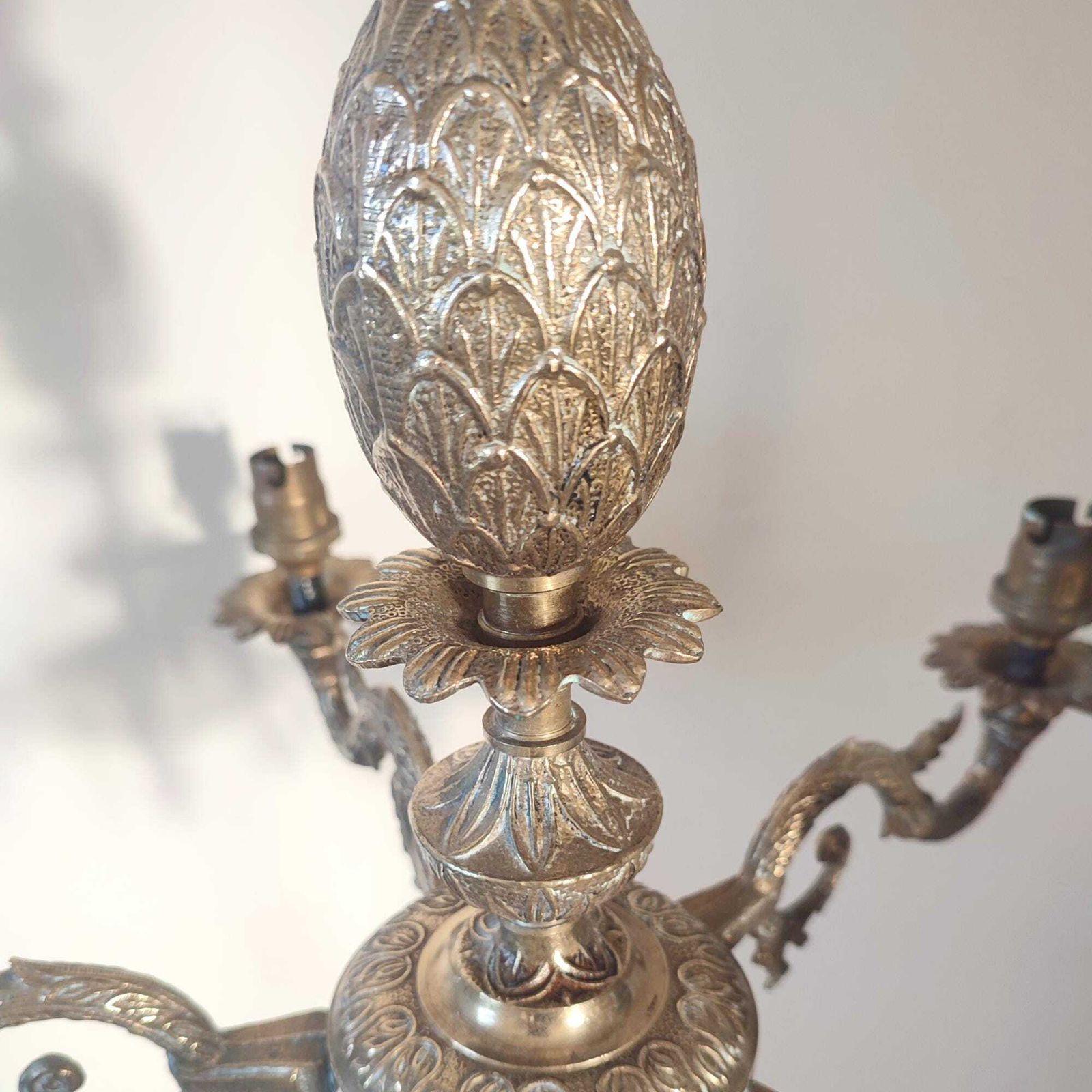 Antique Brass Five Arm Chandelier – Ornate Rococo Revival Ceiling Light (C.1900) photo vinterior