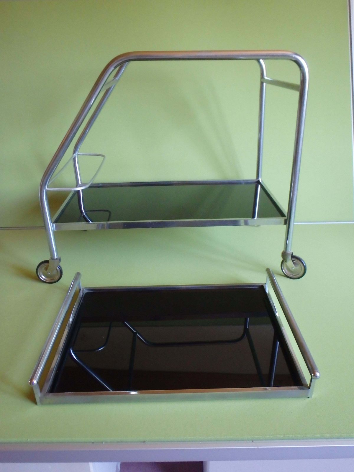 Art Deco Chrome Trolley With Black Glass And Removable Serving Tray photo furniture