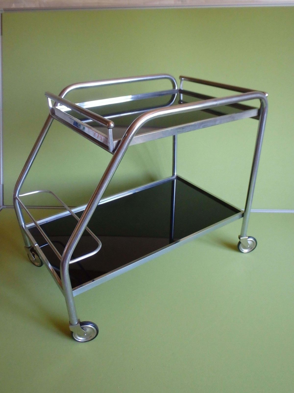 Art Deco Chrome Trolley With Black Glass And Removable Serving Tray photo vintage