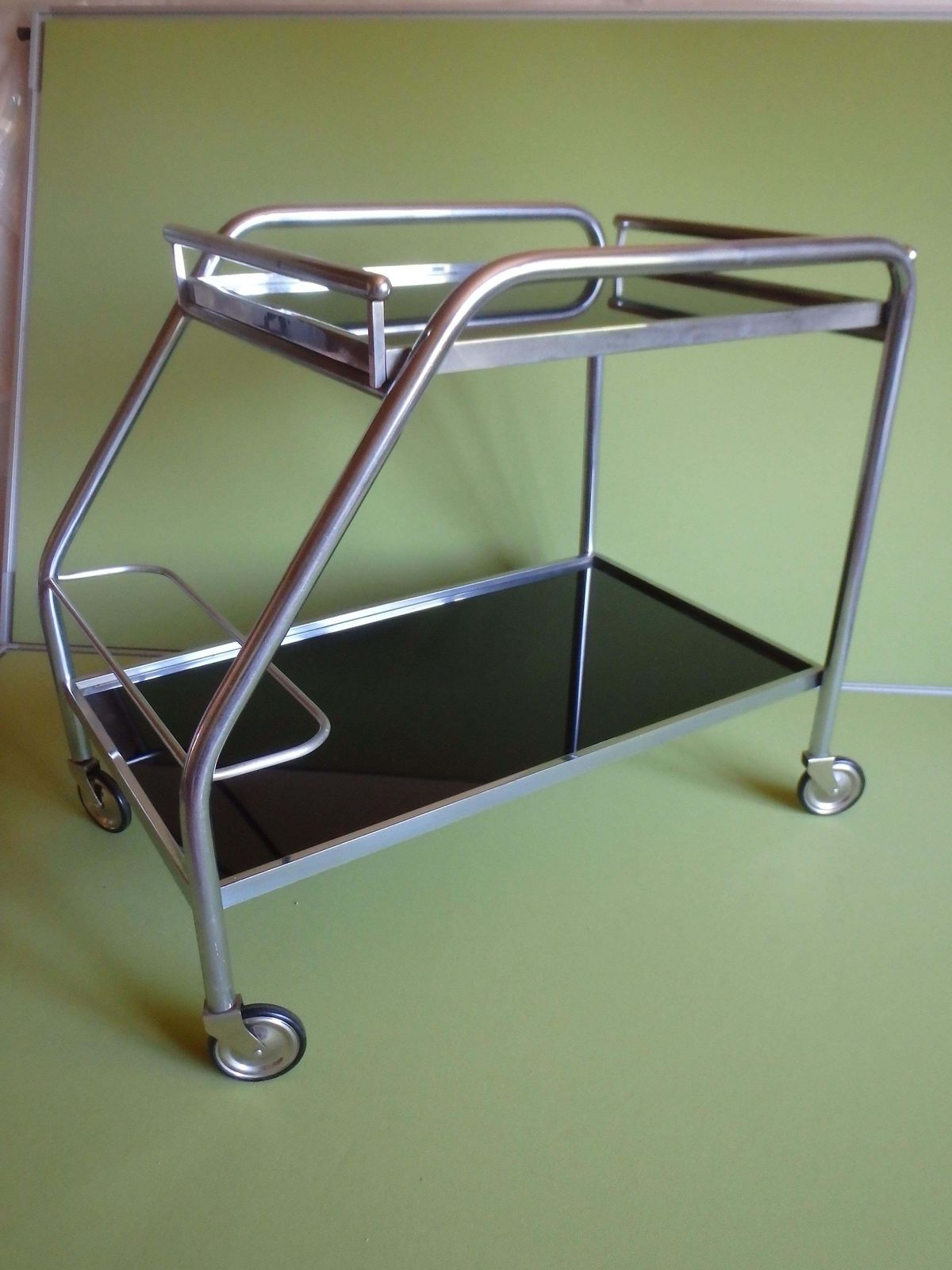 photo furniture Art Deco Chrome Trolley With Black Glass And Removable Serving Tray
