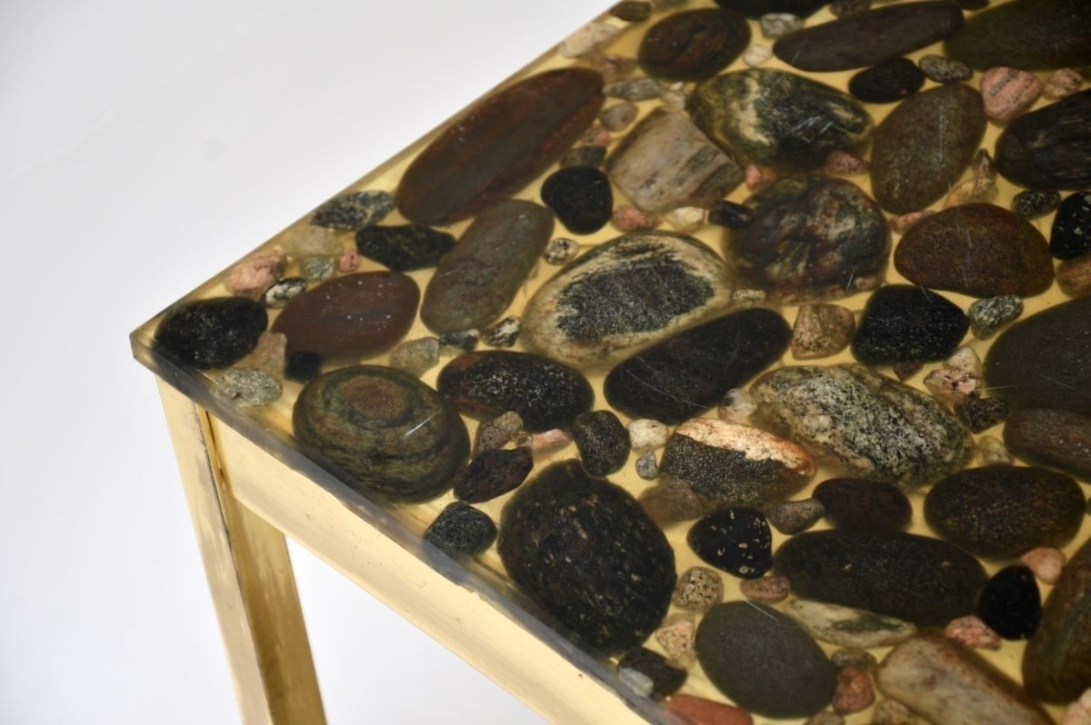 photo for sale Pair Of Vintage Swedish Brass And Stone Side Tables