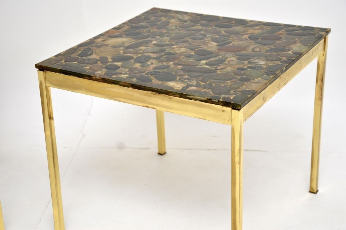 Furniture Pair Of Vintage Swedish Brass And Stone Side Tables photo