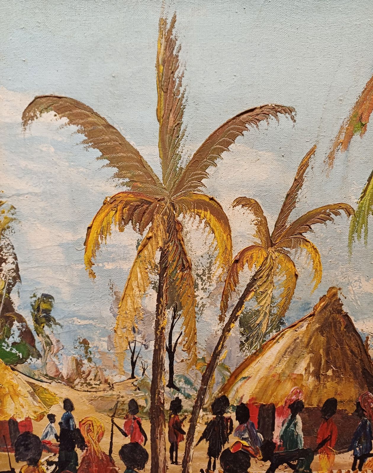 1195.0 Oil On Canvas Of An African Village Scene   Indistinctly Signed Dma photo