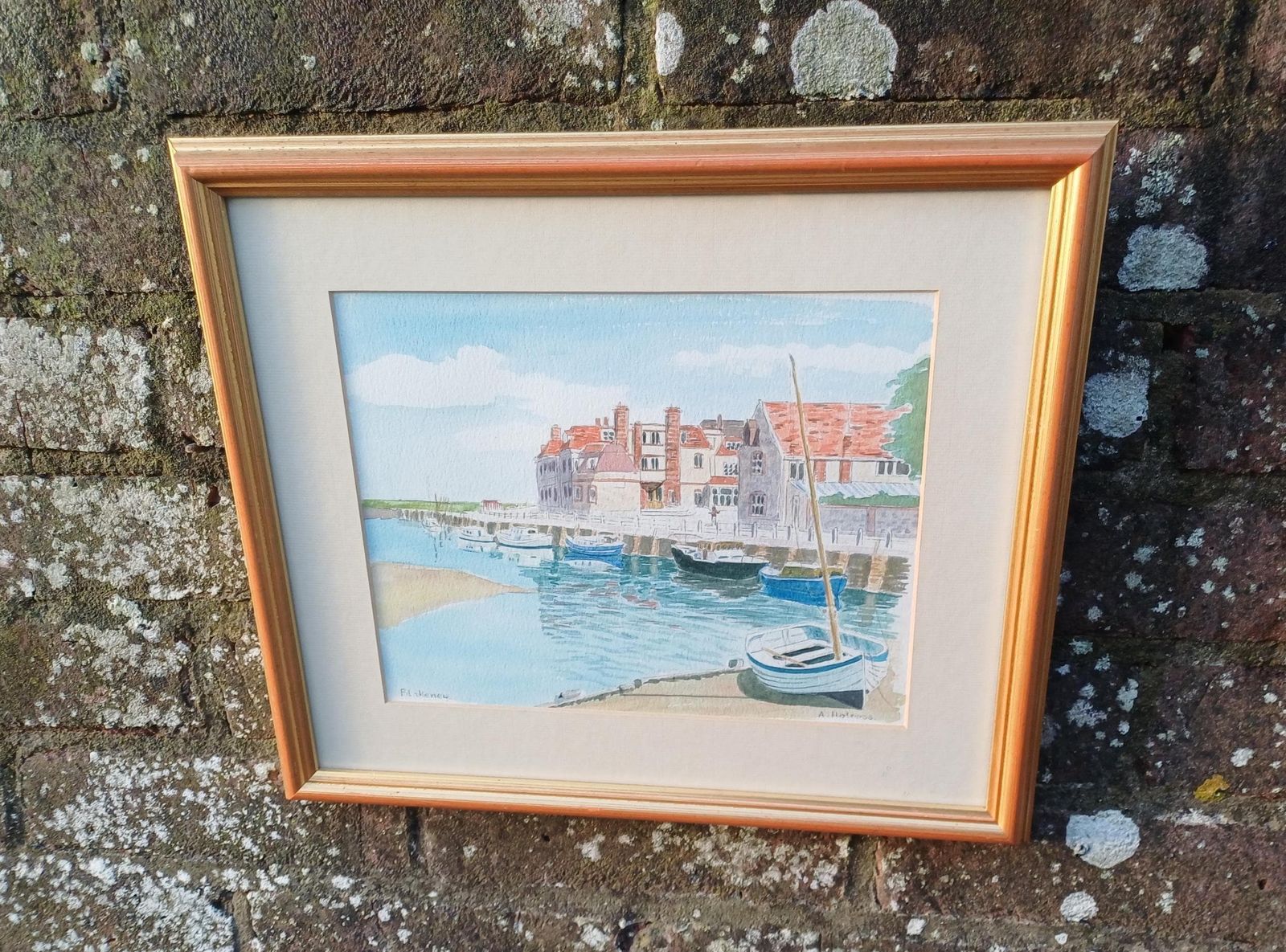 Framed Watercolour Harbour Painting Of Blakeney, Norfolk By A. Holness, Vintage Coastal Art