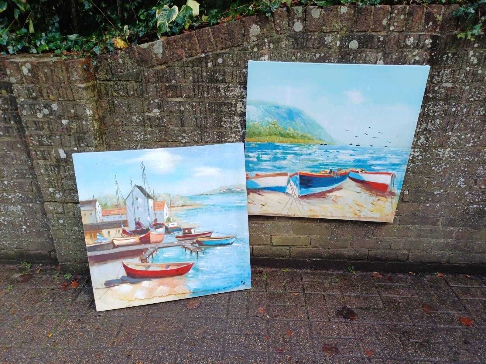 Two Large Vintage Coastal Boat Paintings On Canvas, Seascape Art Pair, Beach Harbour Wall Decor (80cm X 80cm)