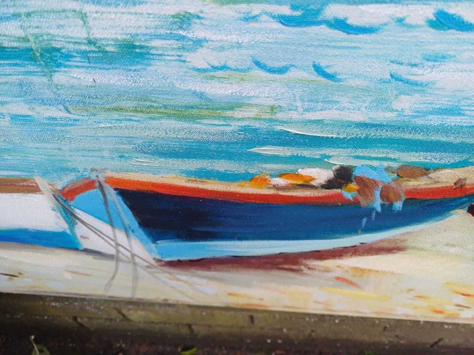 Two Large Vintage Coastal Boat Paintings On Canvas, Seascape Art Pair, Beach Harbour Wall Decor (80cm X 80cm) photo vinterior