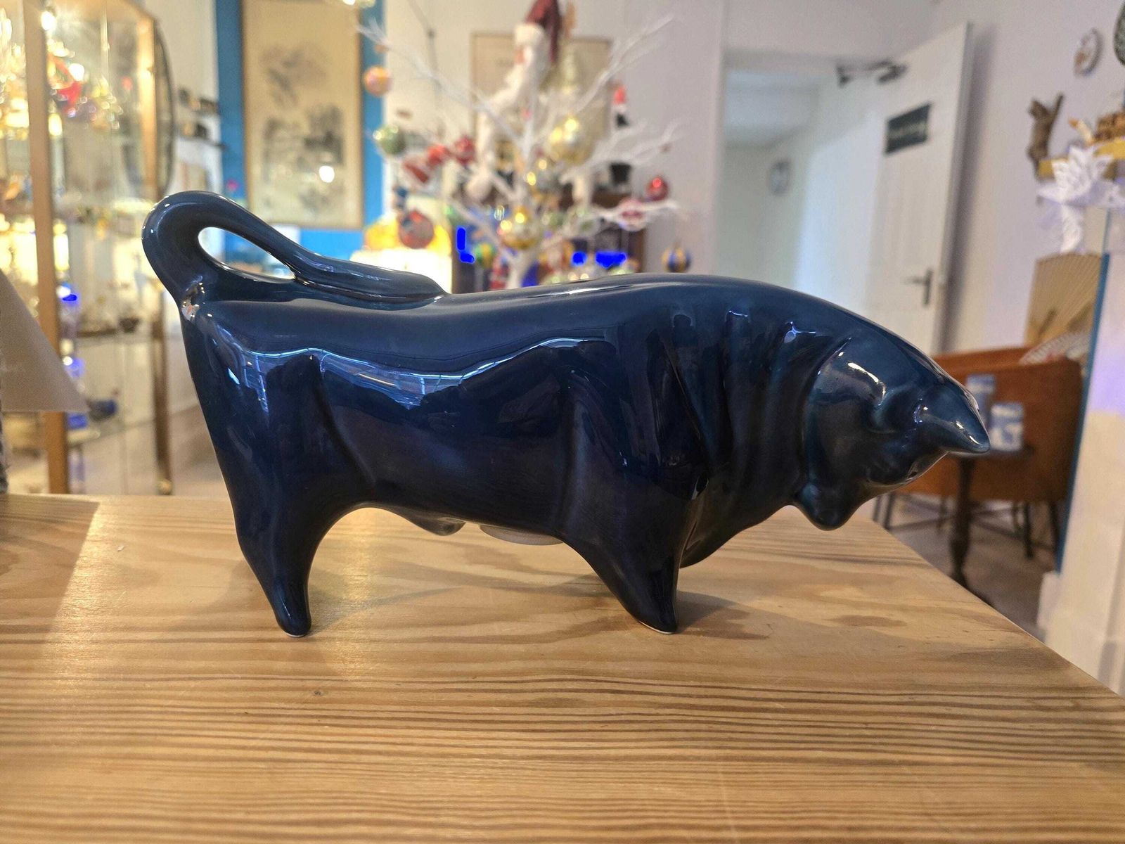 Vintage Trentham Studio Pottery Blue Bull Money Box   Petrol Blue / Teal Large Ceramic By Colin Melbourne