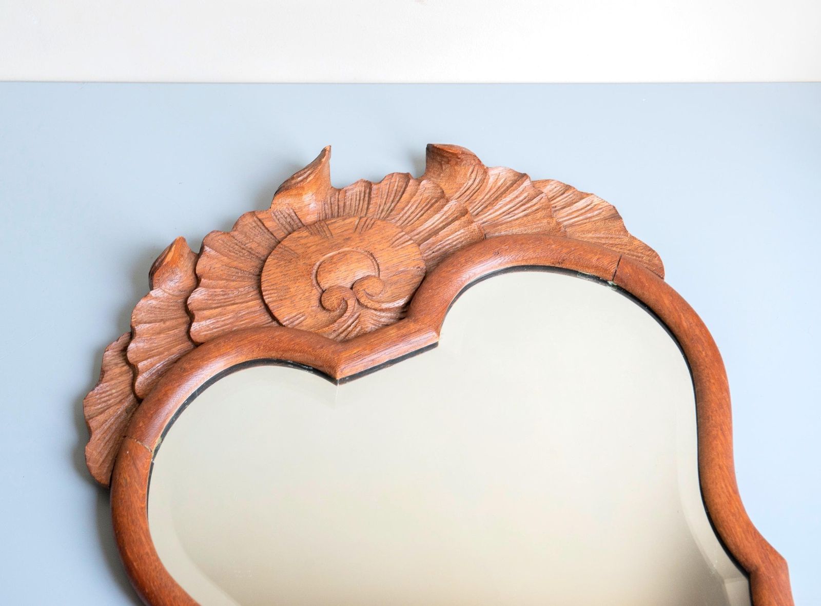 Antique Carved Oak Wall Mirror – Shell Pediment – Large Dark Brown Wooden Mirror – Beveled Glass photo buy