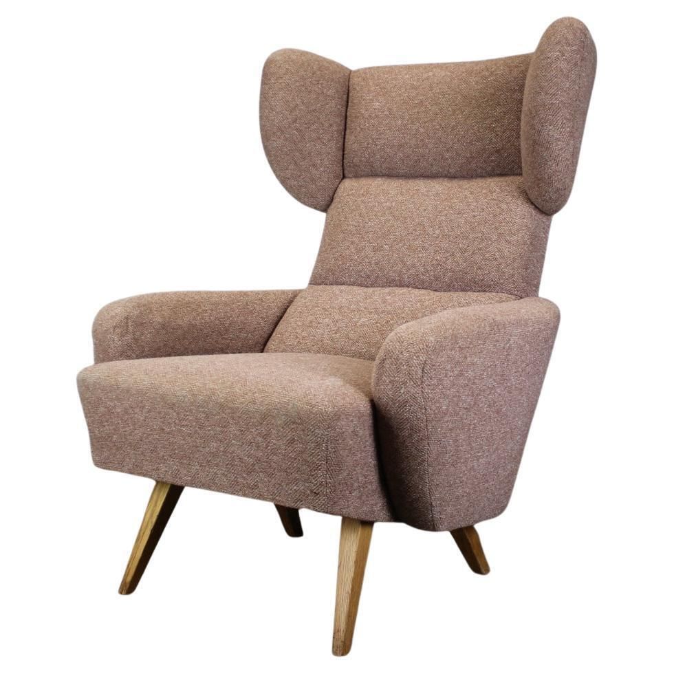 Mid Century Wingback Lounge Chair In Pink Fabric Czechoslovakia 1970s