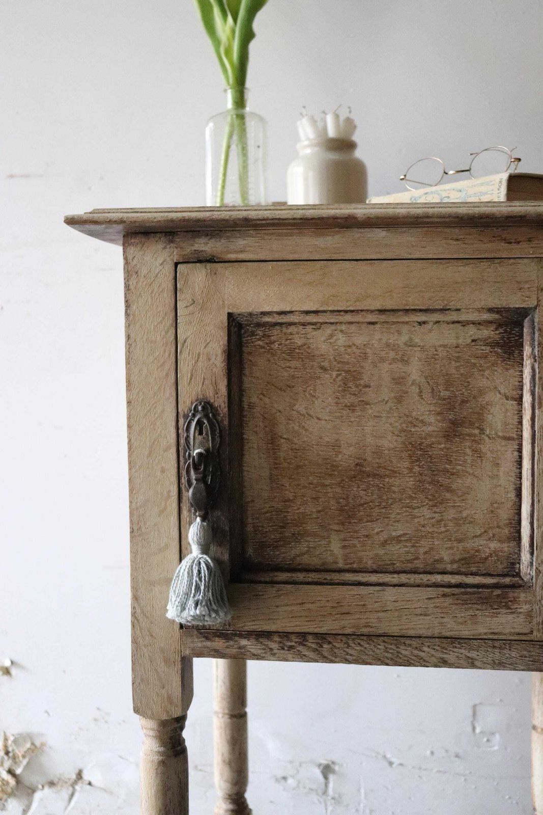 Stripped French Oak Washstand Or Bedside Cabinet With Duck Egg Interior photo vinterior