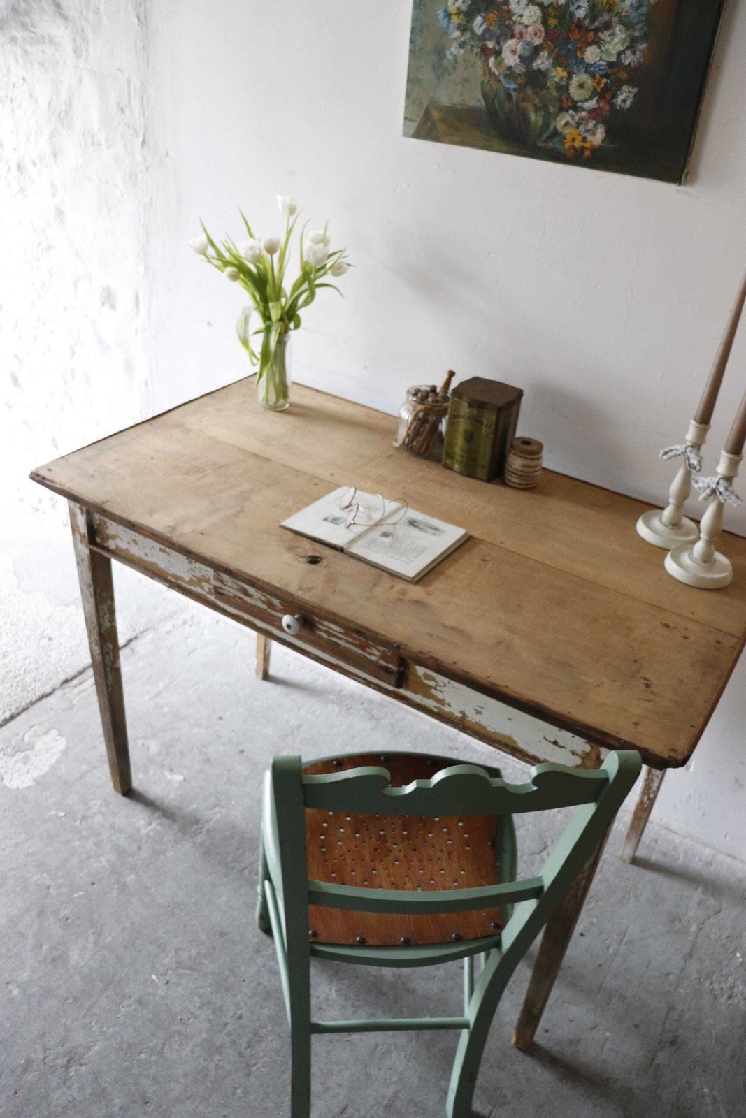 Original French Pine Kitchen Table Or Desk With White Painted And Distressed Finish photo furniture