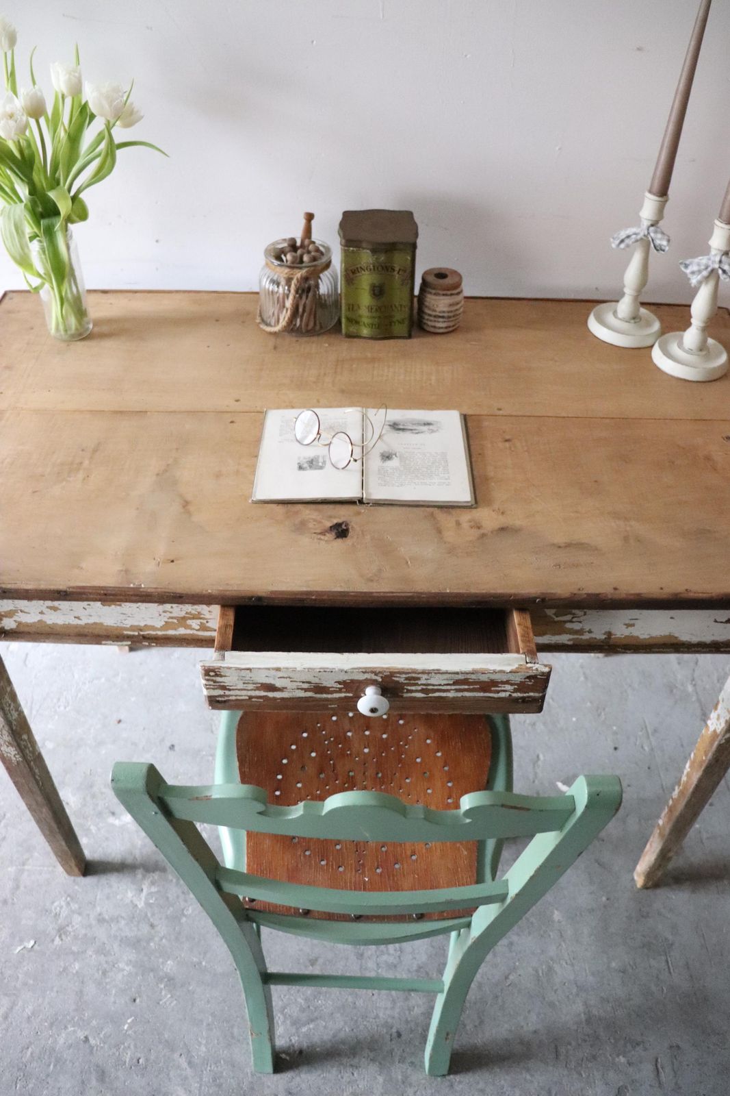 Original French Pine Kitchen Table Or Desk With White Painted And Distressed Finish photo buy