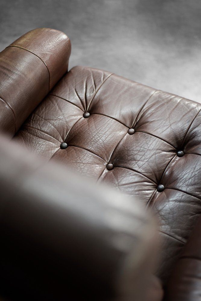Mid Century Danish Modern Brown Leather Swivel Armchair From Lystager Industri, 1970s photo vintage