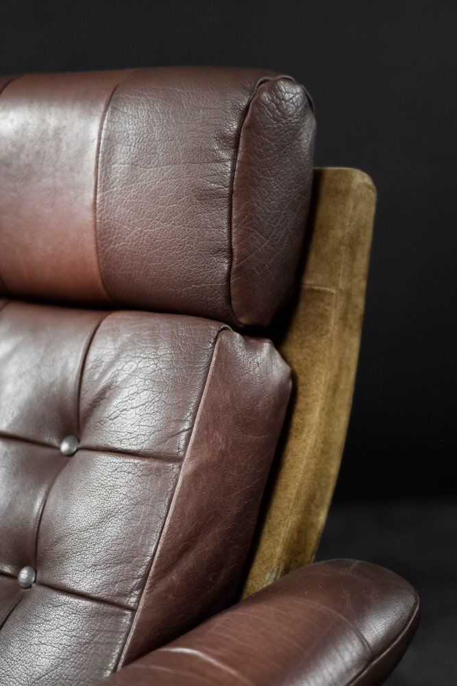 photo for sale Mid Century Danish Modern Brown Leather Swivel Armchair From Lystager Industri, 1970s