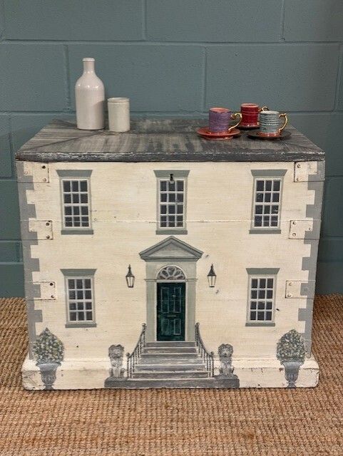 Victorian Silver Chest Painted In The Style Of A Manor House