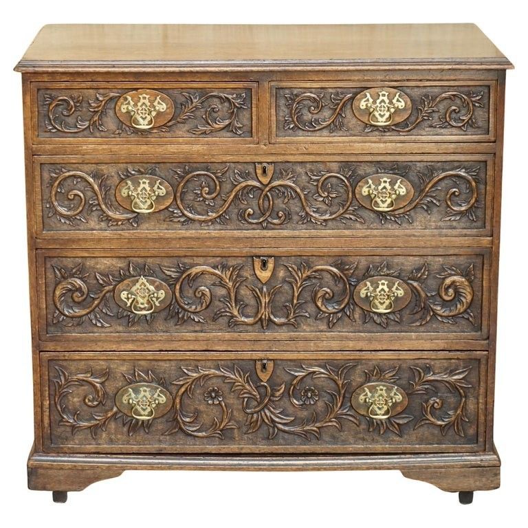 Super Decorative Antique Victorian English Oak Heavily Carved Chest Of Drawers