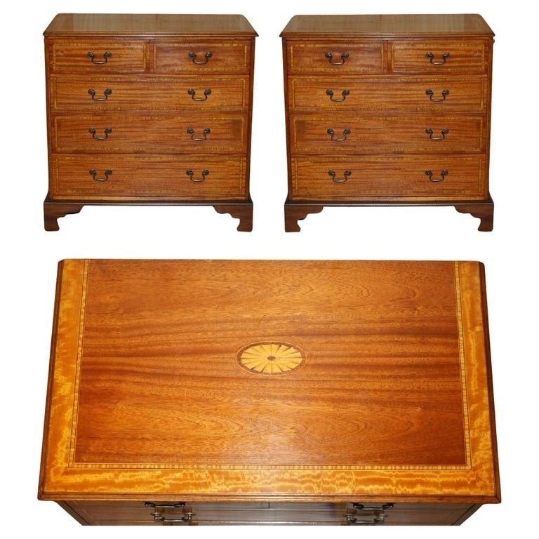 Pair Of Restored Mahogany & Satinwood Antique Sheraton Revival Chest Of Drawers